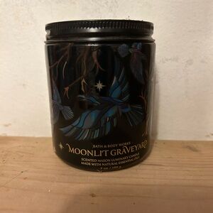 Rare Bath & Body Works Moonlit Graveyard Candle with Blue and Gold Design